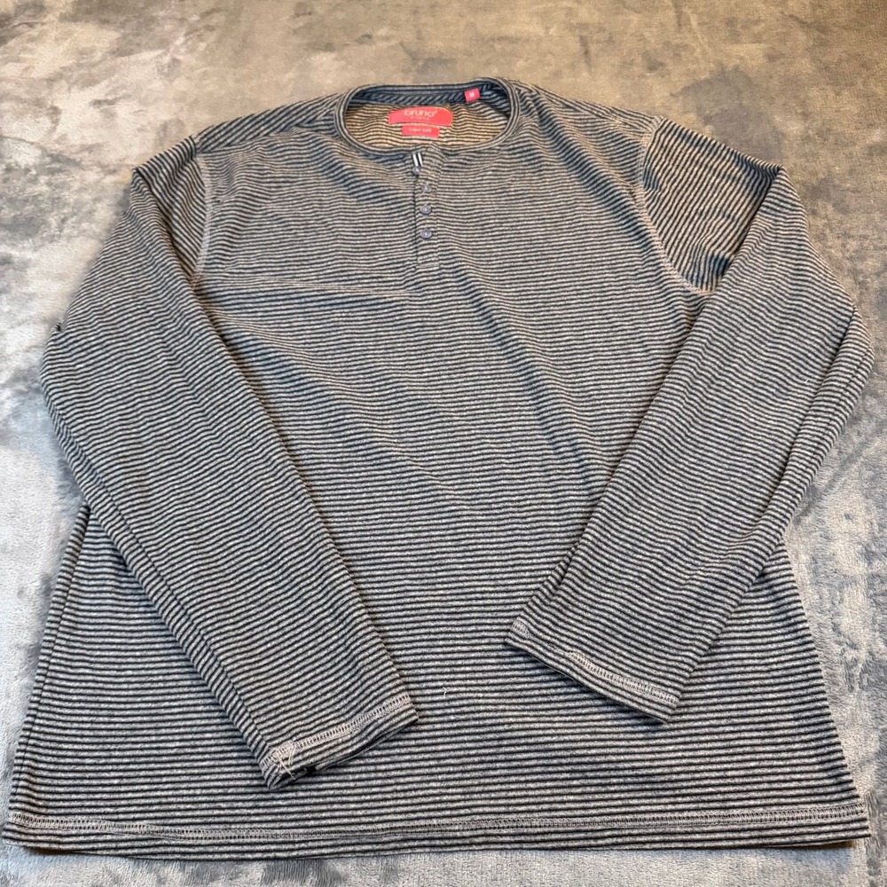 Bruno Milano Striped Long Sleeve Henley Shirt Super Soft Gray Black Men's Medium